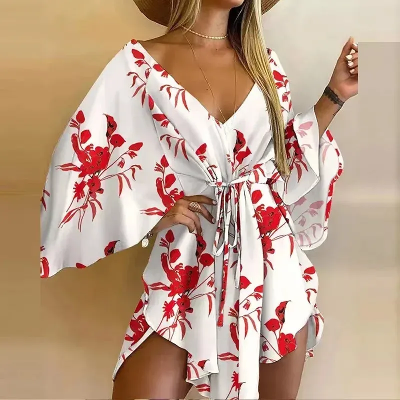 Summer Elegant Lace-up 2024 Sleeves Beach Print V Floral Casual Sexy Neck Flared Dress