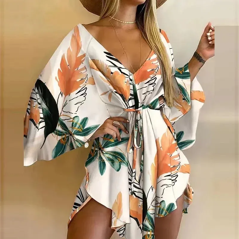 Summer Elegant Lace-up 2024 Sleeves Beach Print V Floral Casual Sexy Neck Flared Dress