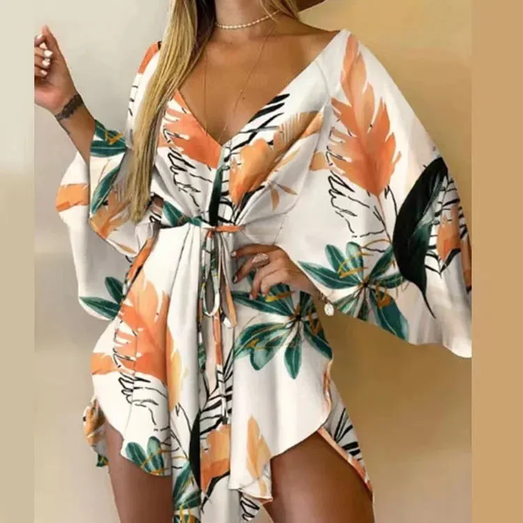 Summer Elegant Lace-up 2024 Sleeves Beach Print V Floral Casual Sexy Neck Flared Dress