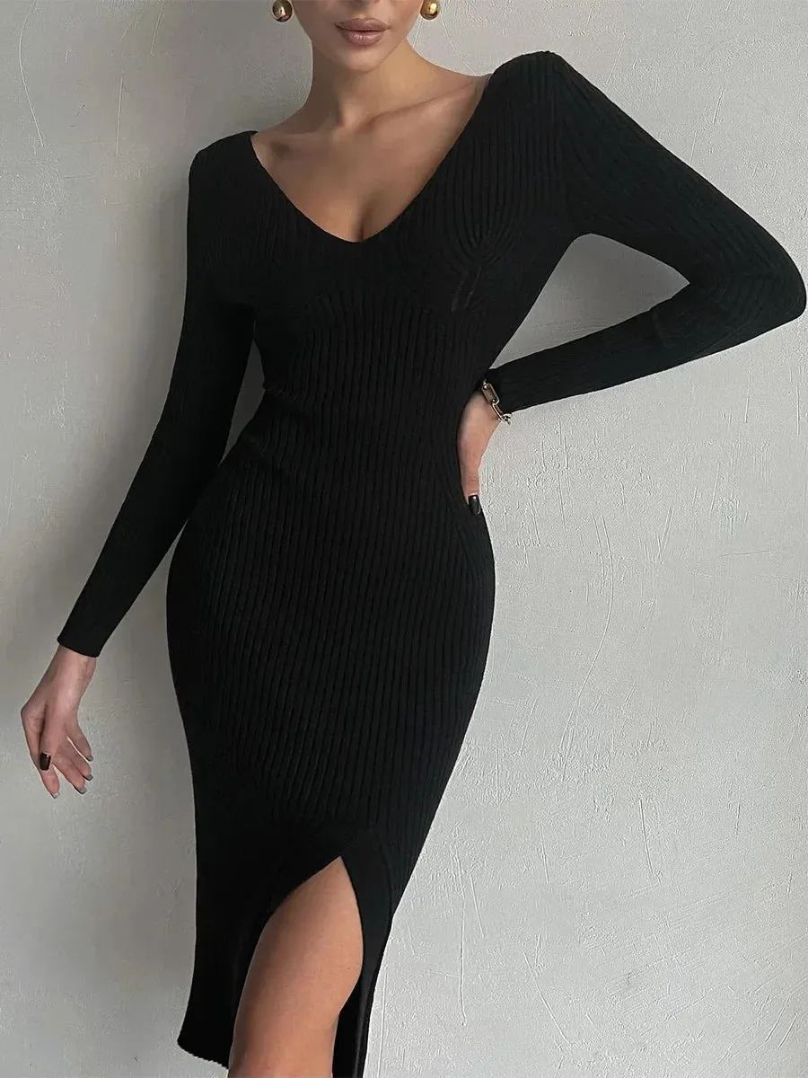 V-Neck Knitted Party Slit Long Sleeve Sweaters Midi Dress for Fall Winter