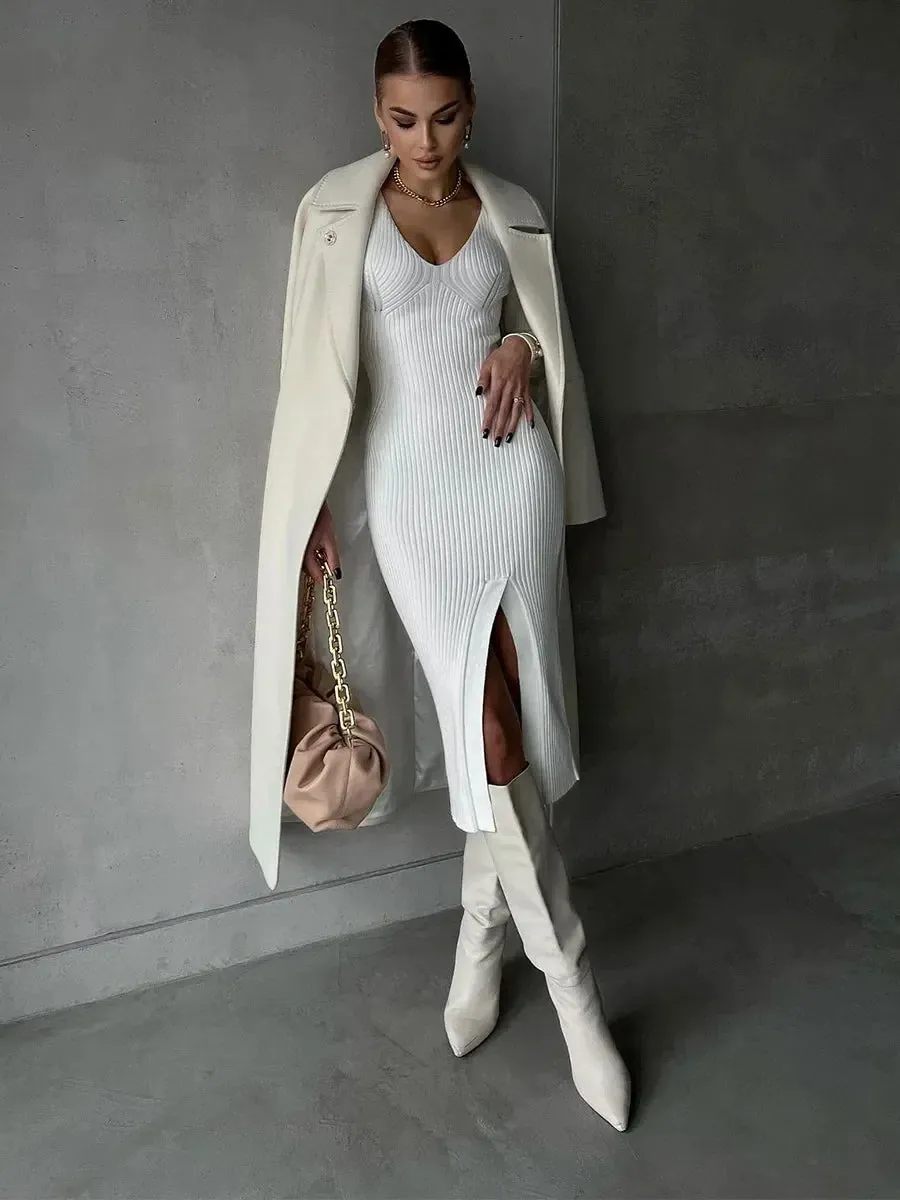 V-Neck Knitted Party Slit Long Sleeve Sweaters Midi Dress for Fall Winter