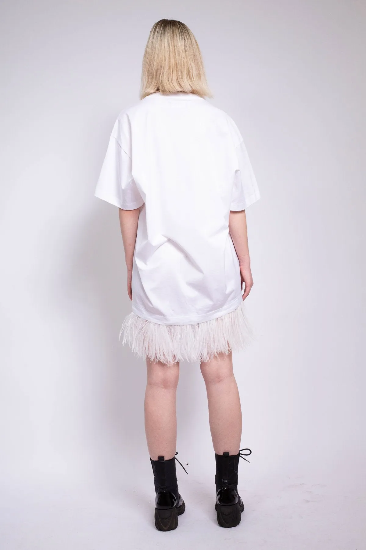 WHITE FEATHER HEM T-SHIRT DRESS