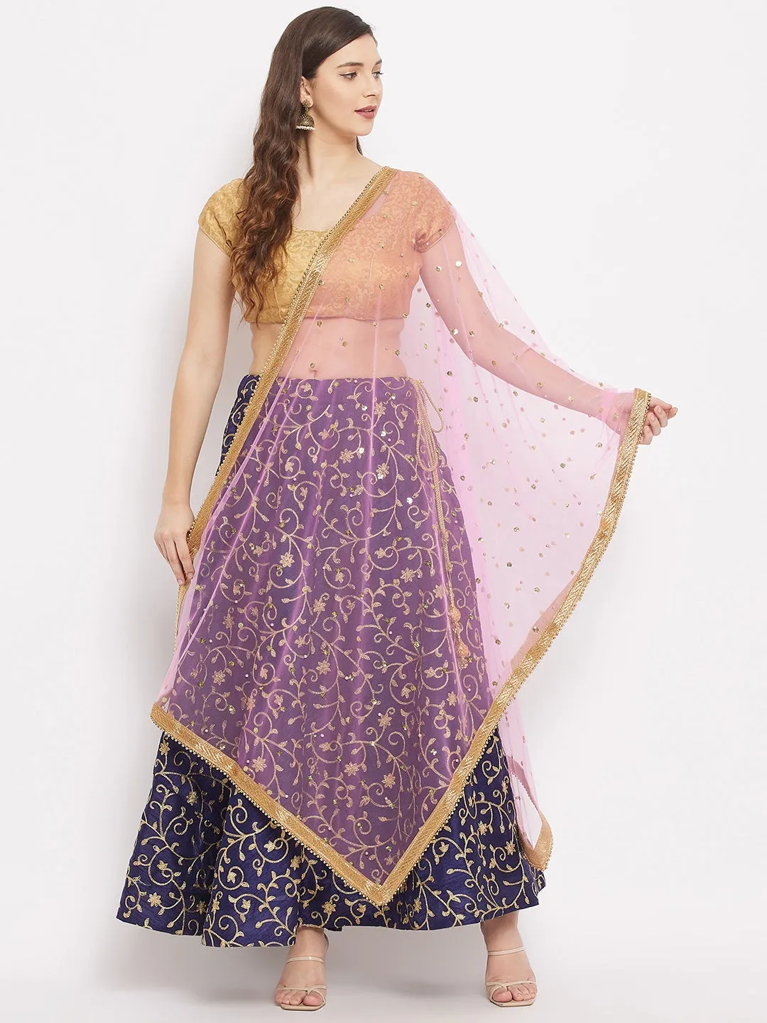 Women Baby Pink Embellished Net Dupatta