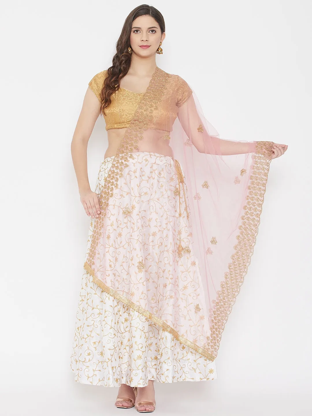 Women Baby Pink Embroidered Net Dupatta With Sequinned