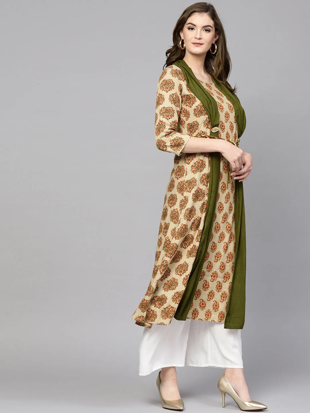 Women Beige & Olive Green A-Line Kurta