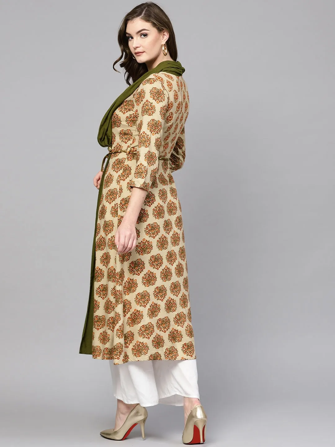 Women Beige & Olive Green A-Line Kurta