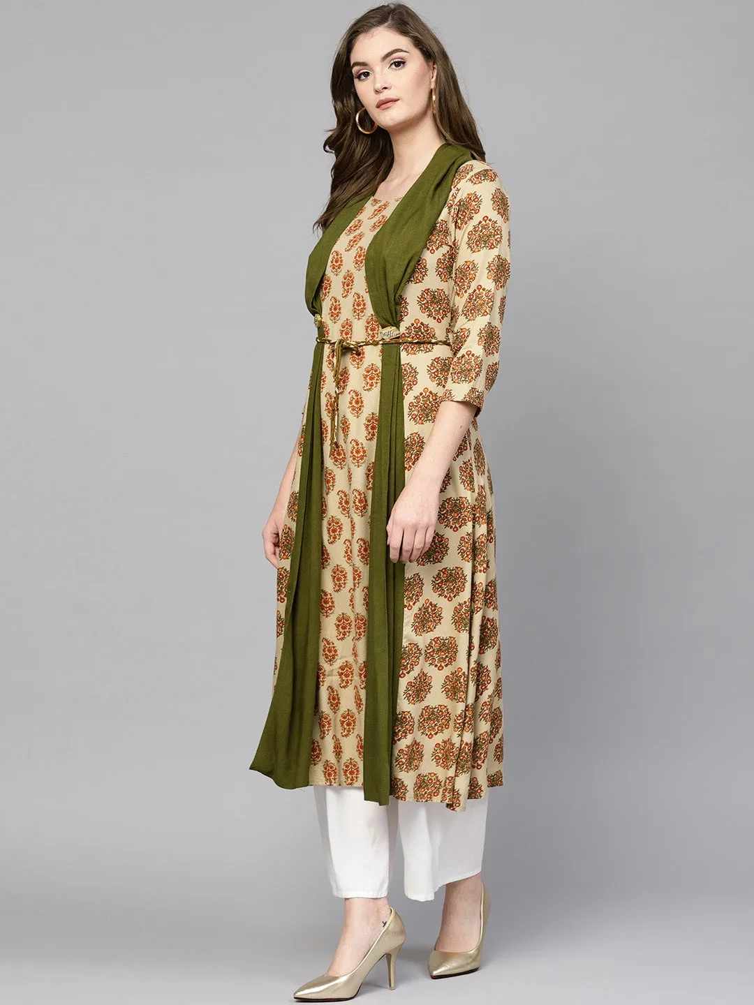 Women Beige & Olive Green A-Line Kurta