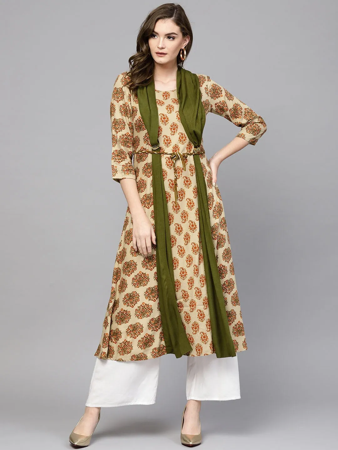 Women Beige & Olive Green A-Line Kurta