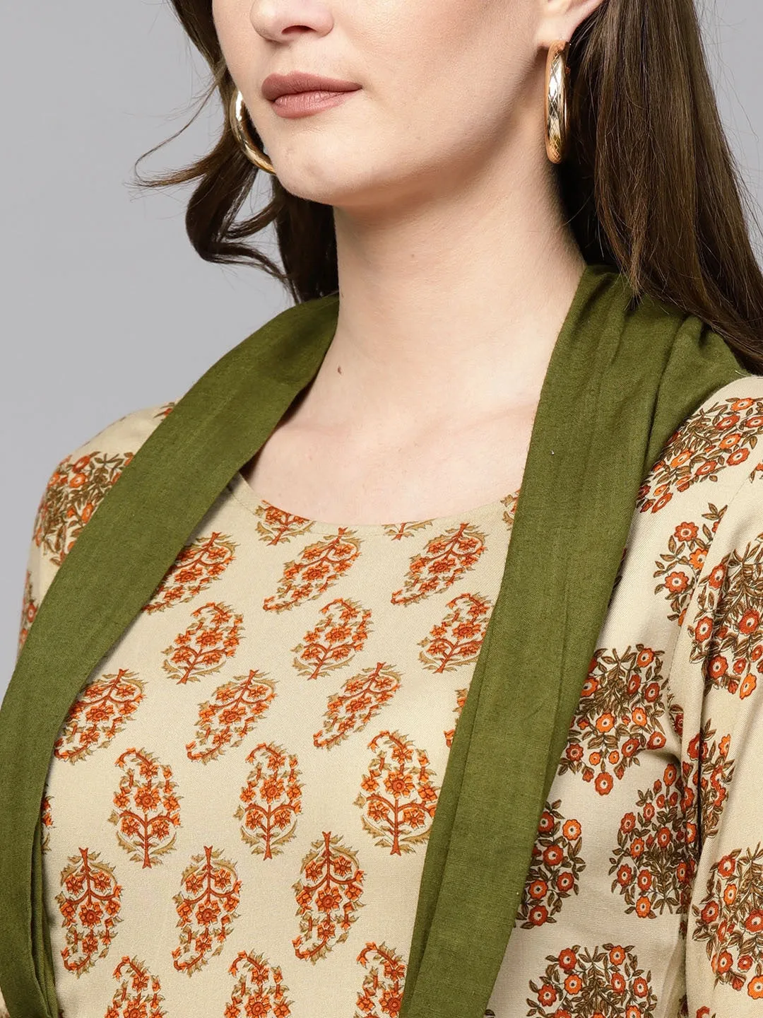 Women Beige & Olive Green A-Line Kurta