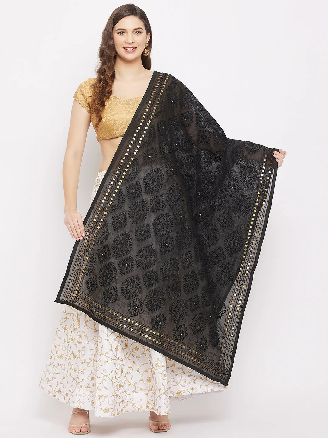 Women Black Chanderi Silk Embroidered Dupatta