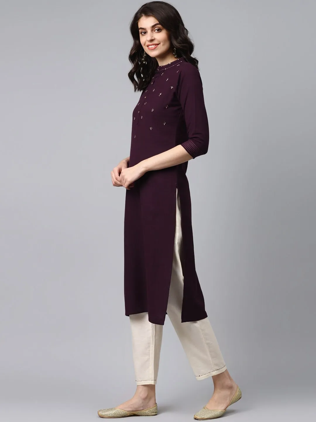 Women Burgundy & Cream Solid Kurta Set