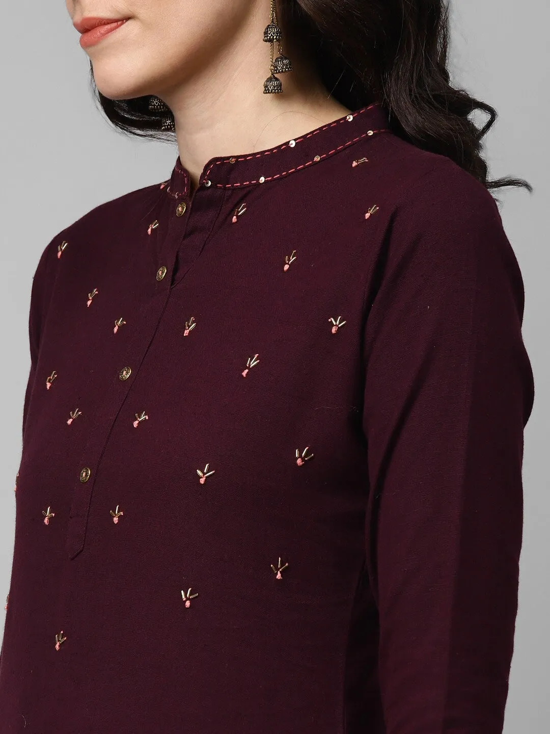 Women Burgundy & Cream Solid Kurta Set