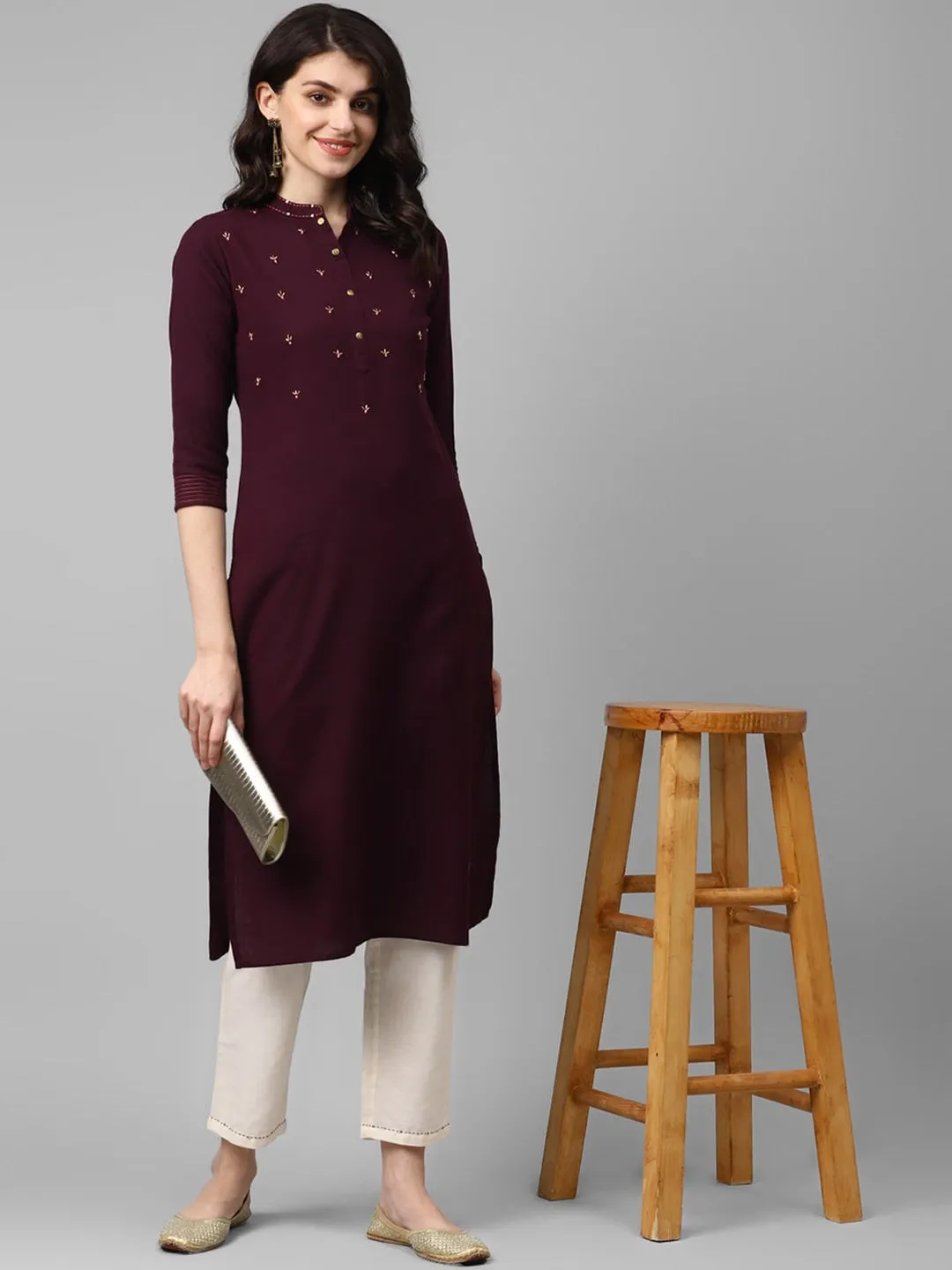 Women Burgundy & Cream Solid Kurta Set