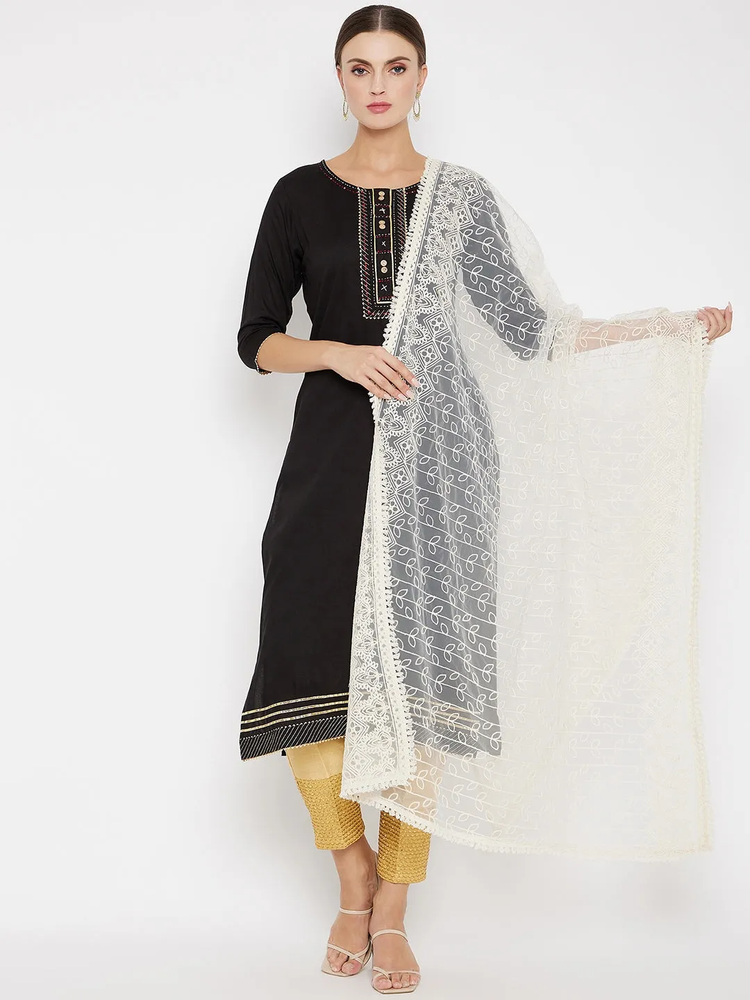 Women Cream Embroidered Net Dupatta