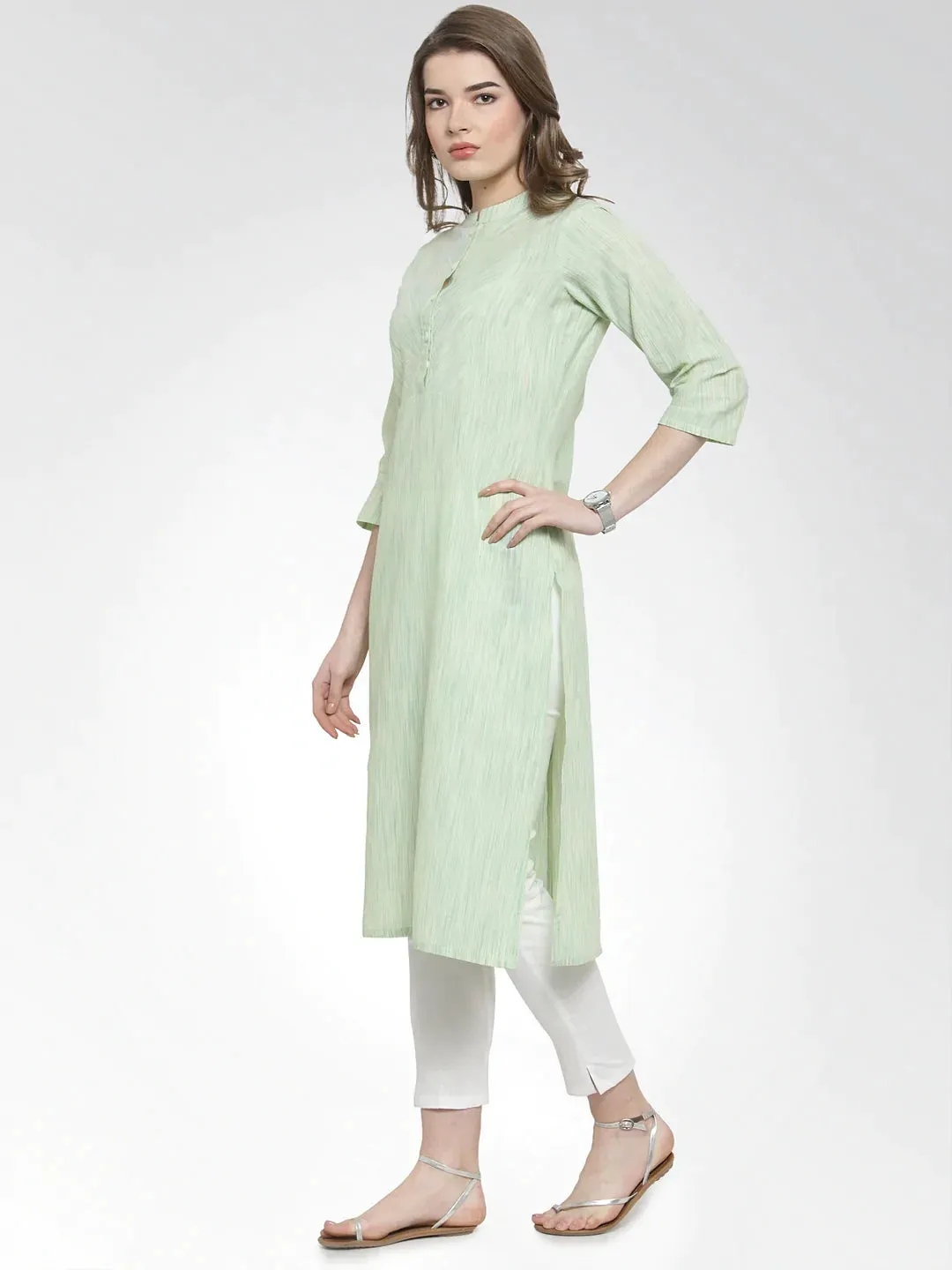 Women Green Self Design Straight Kurta