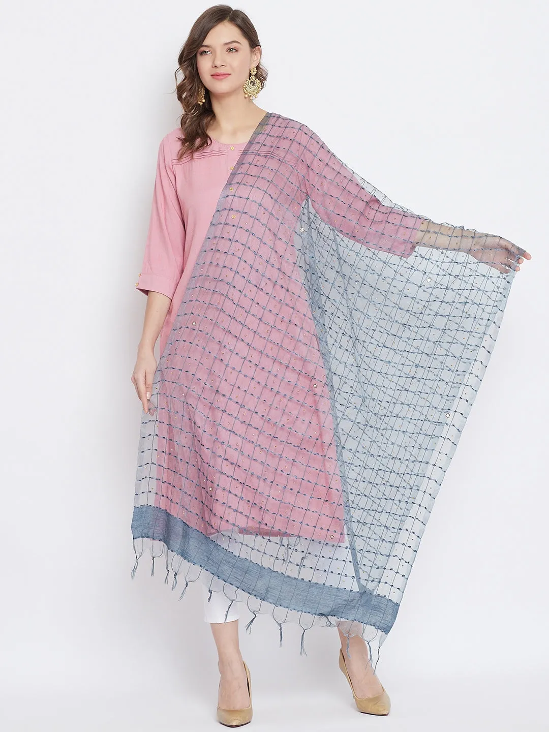 Women Grey Sequinned Net Dupatta