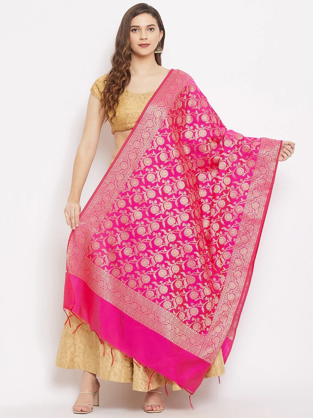 Women Magenta Banarsi Silk Dupatta