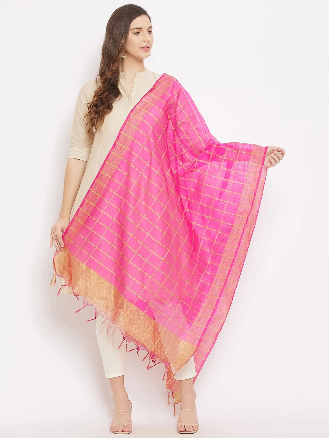 Women Magenta Check Silk Blend Dupatta