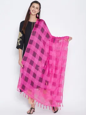 Women Magenta Check Solid Dupatta