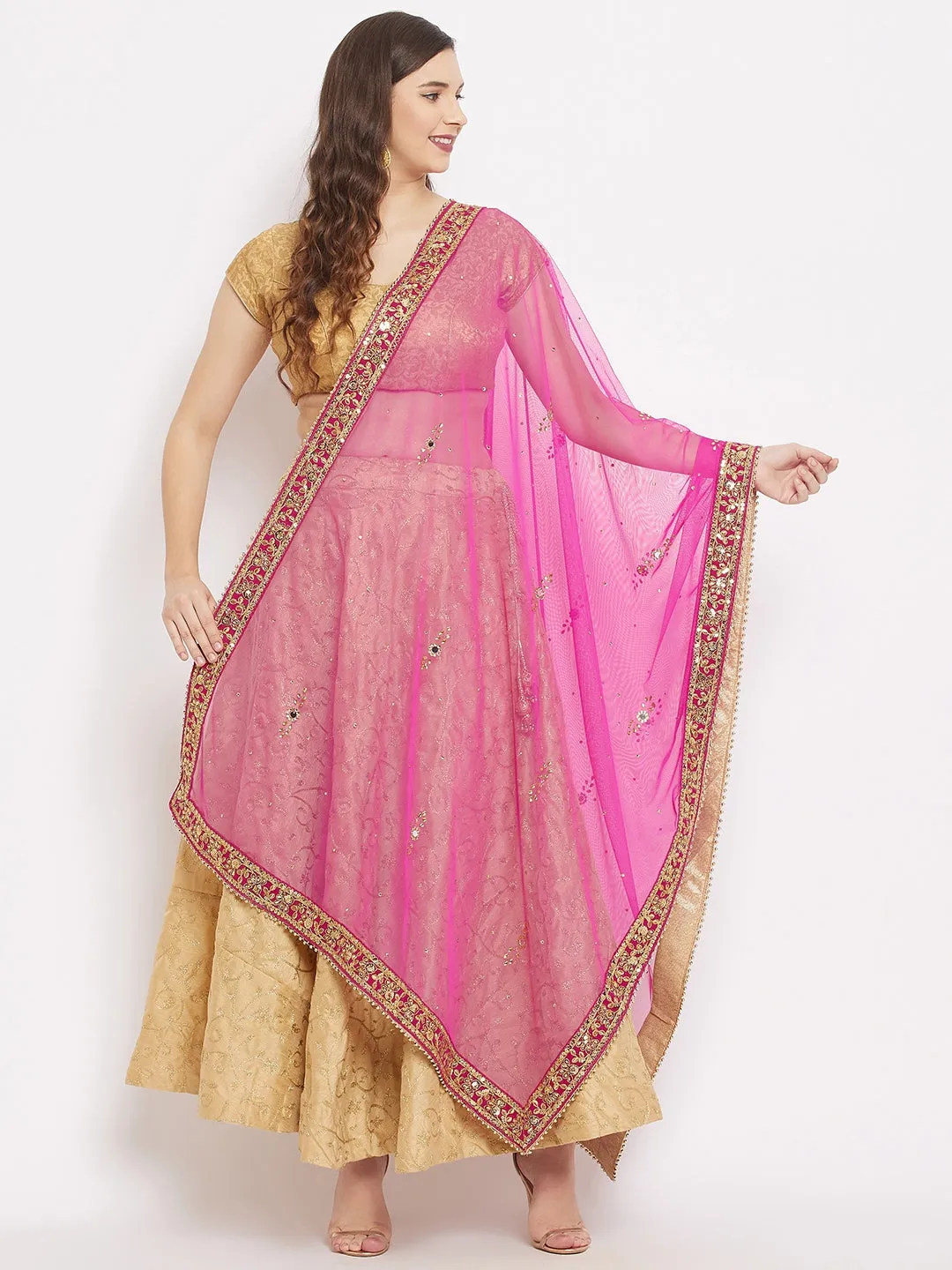 Women Magenta Embellished Dupatta With Stones