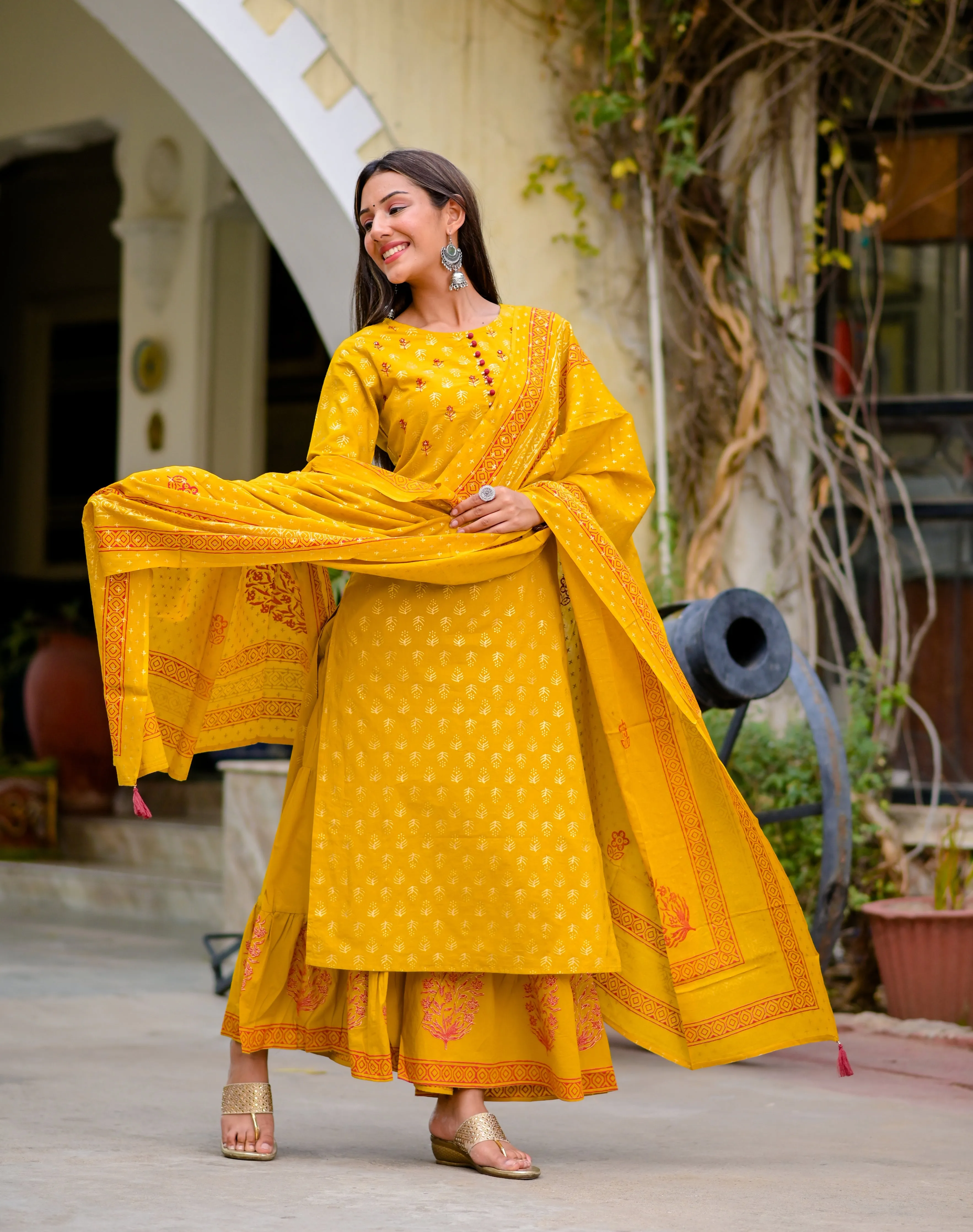 Women Mustard Printed Dupatta Set