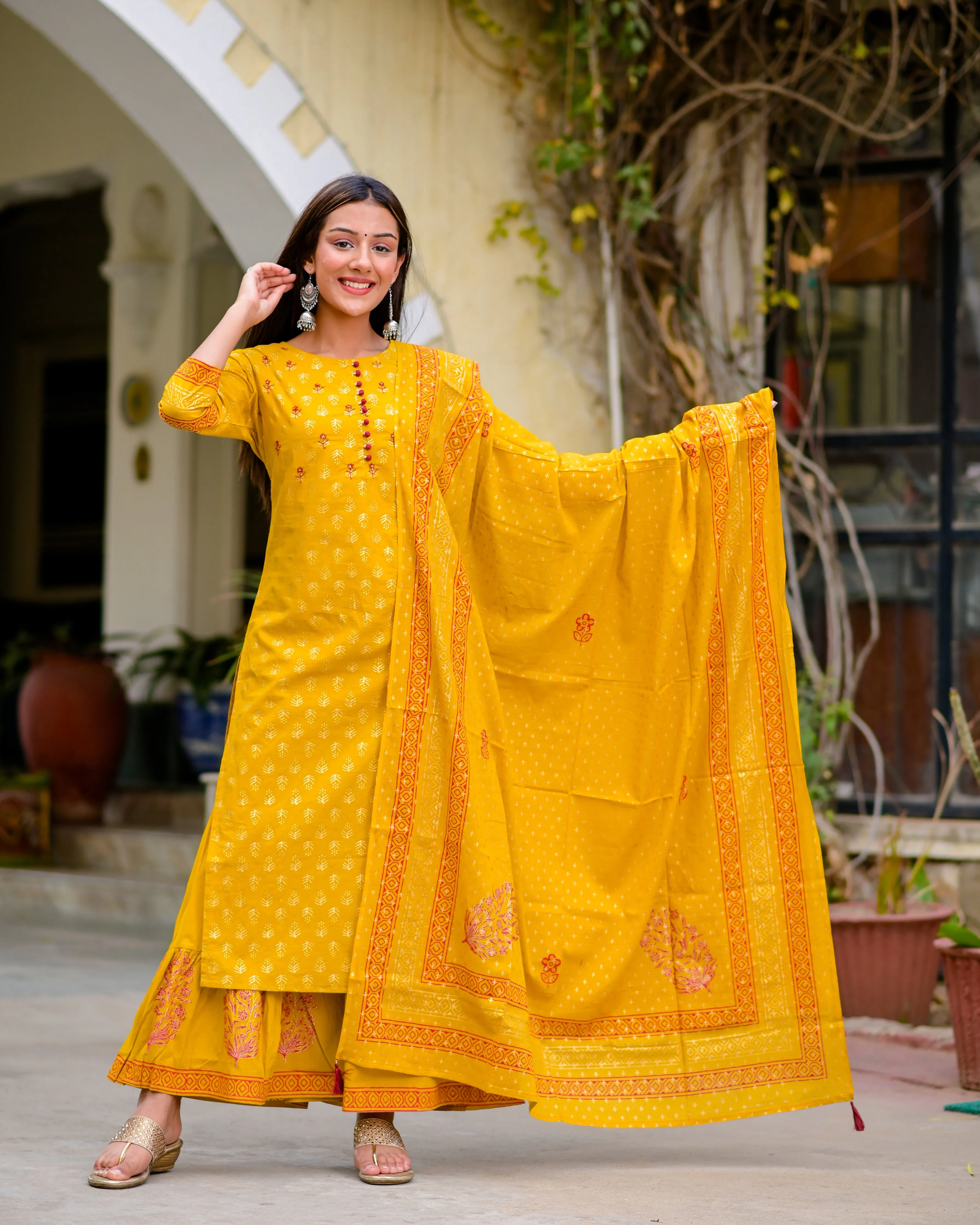 Women Mustard Printed Dupatta Set