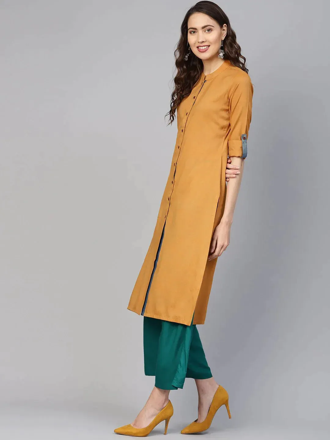 Women Mustard Woven Design Straight Rayon Kurta