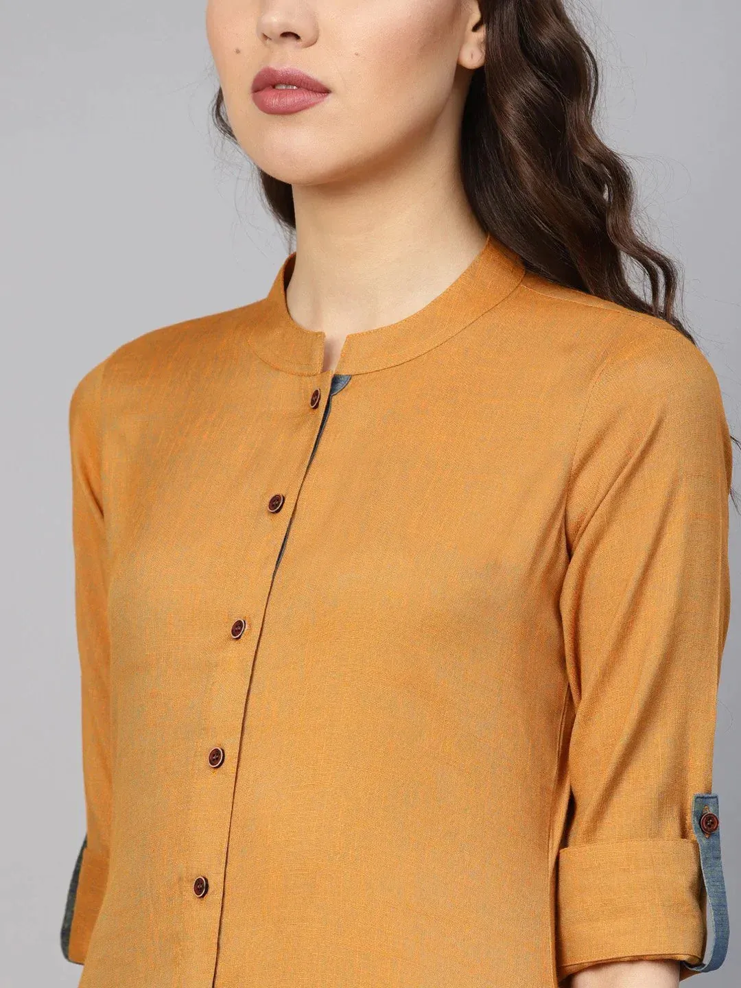 Women Mustard Woven Design Straight Rayon Kurta