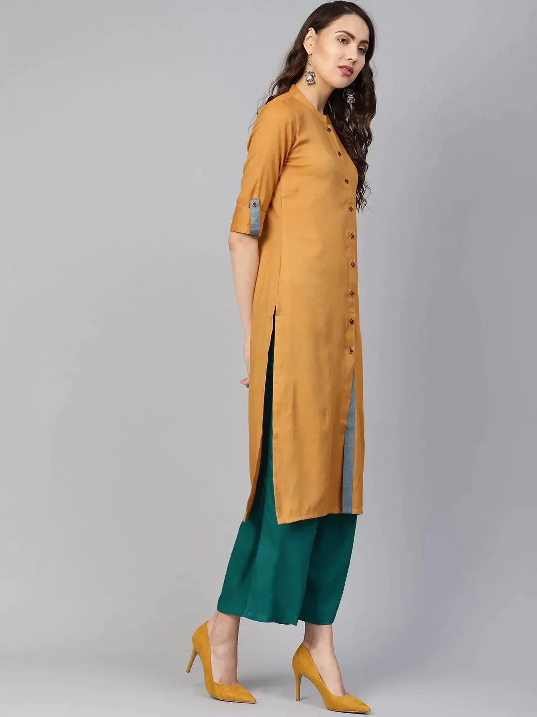 Women Mustard Woven Design Straight Rayon Kurta