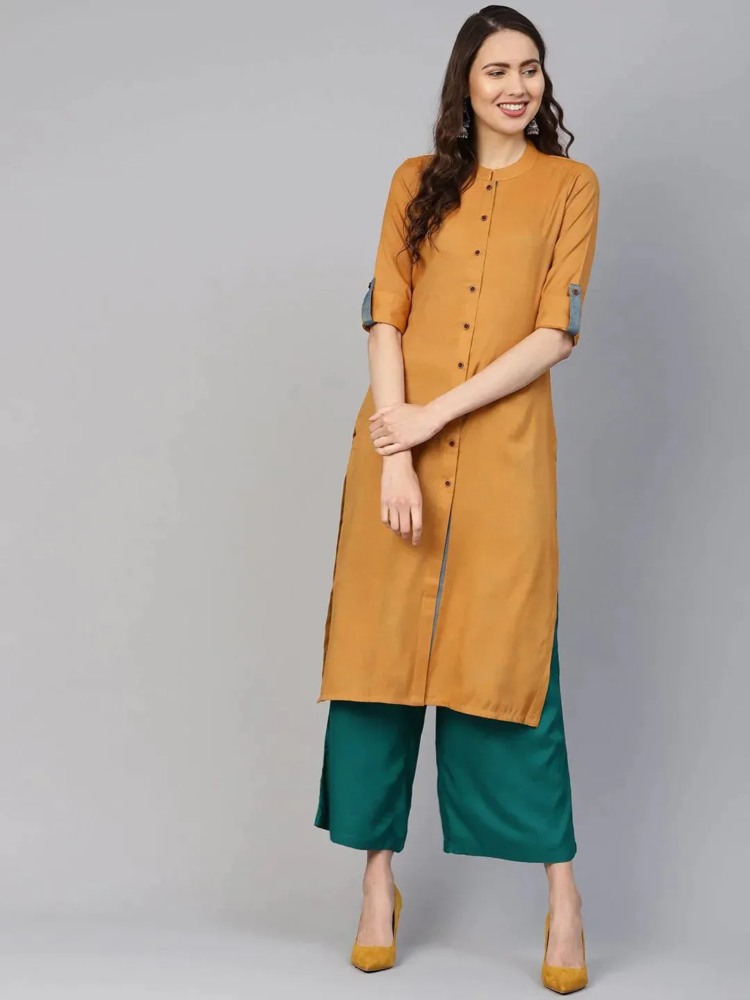 Women Mustard Woven Design Straight Rayon Kurta