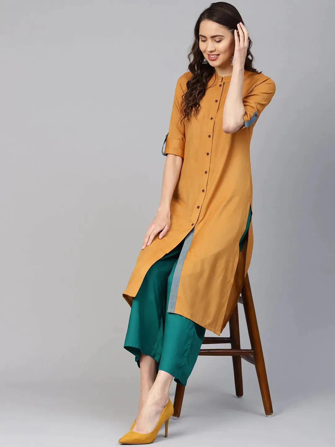 Women Mustard Woven Design Straight Rayon Kurta