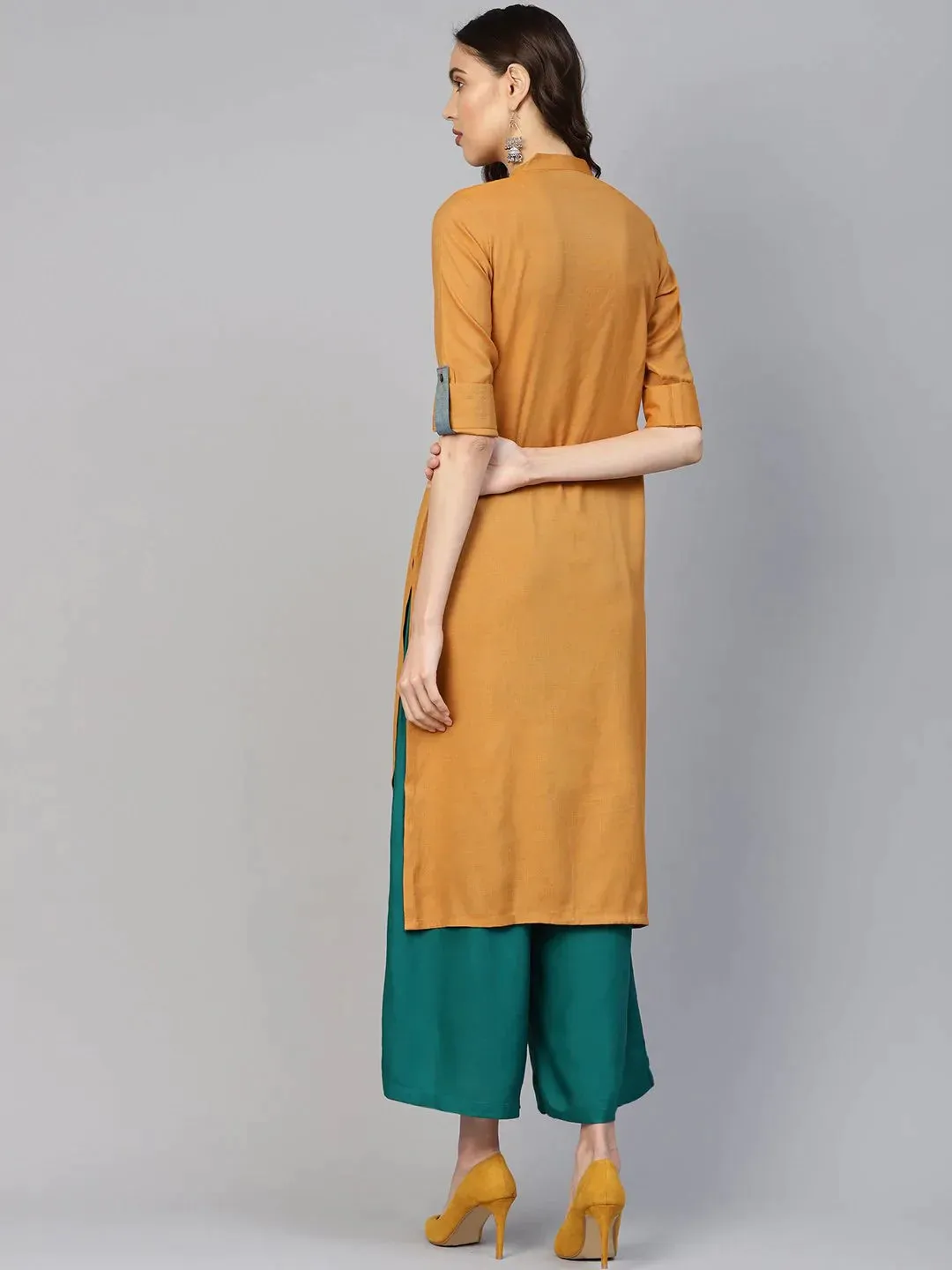 Women Mustard Woven Design Straight Rayon Kurta