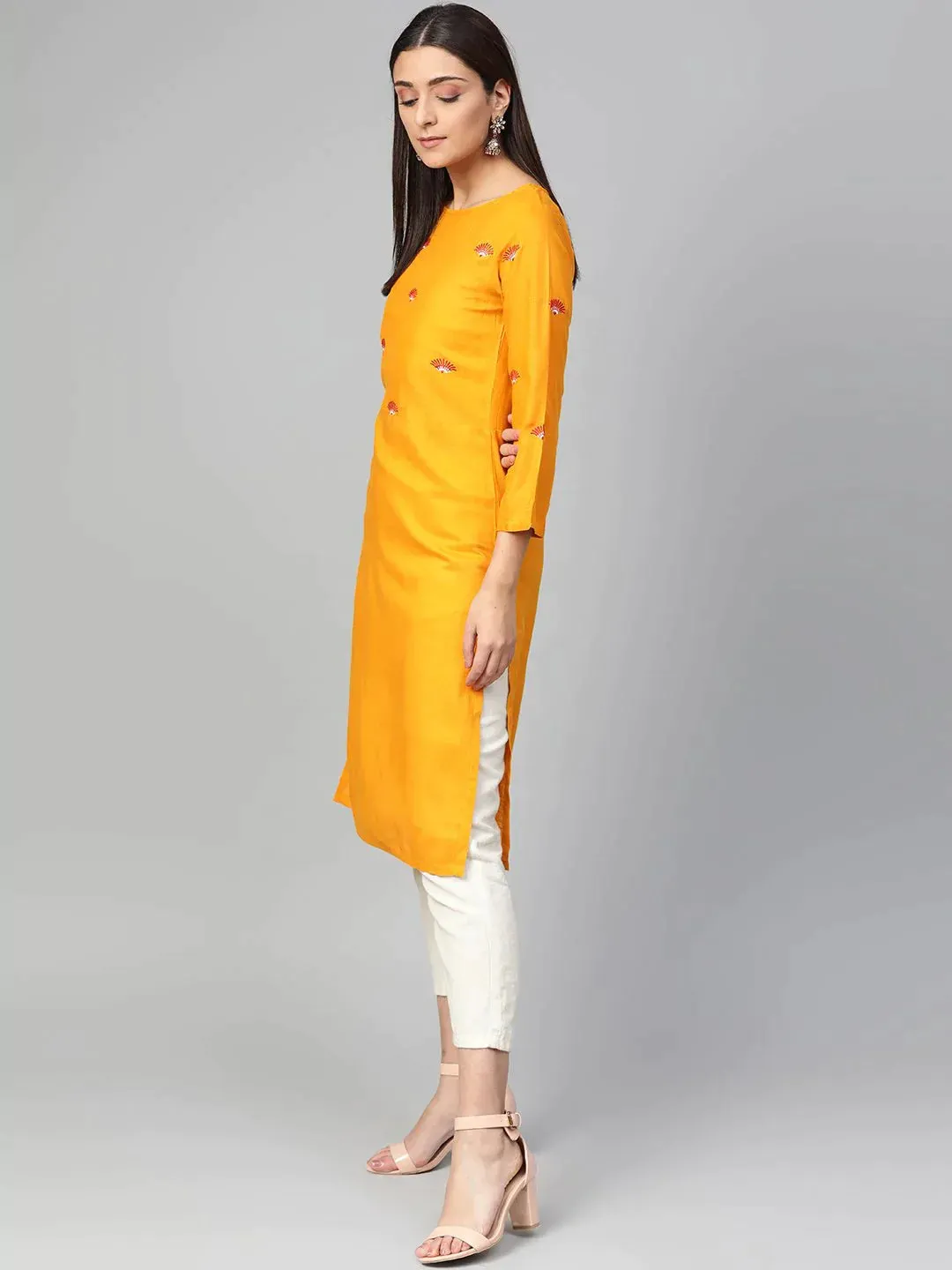 Women Mustard Yoke Design Straight Kurta