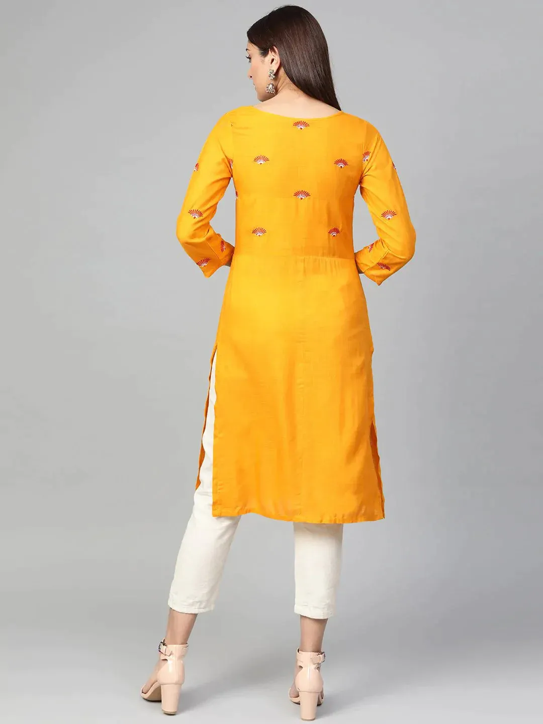 Women Mustard Yoke Design Straight Kurta