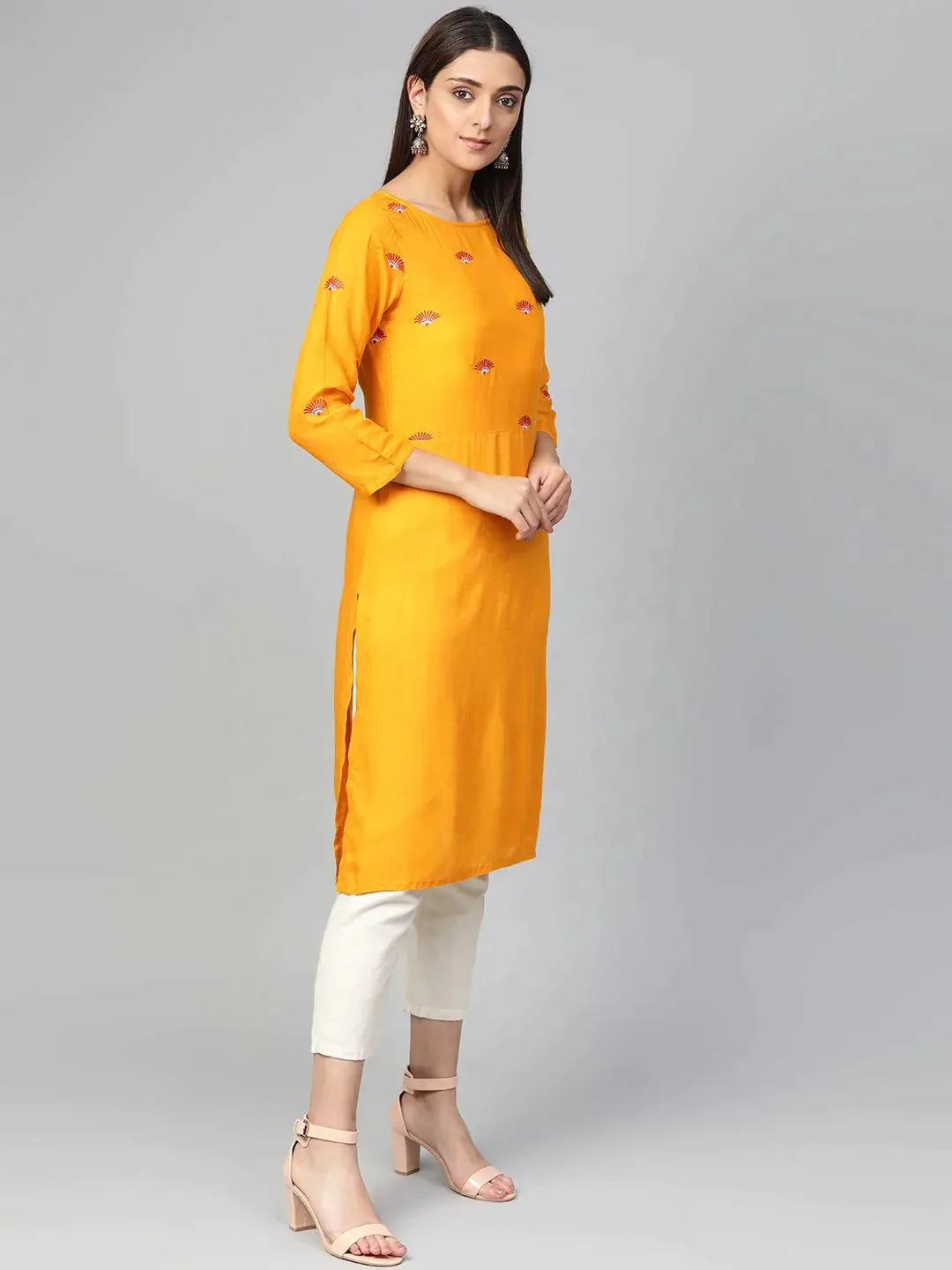 Women Mustard Yoke Design Straight Kurta