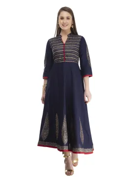 Women Navy Blue Cotton Anarkali With Ajrakh Hand Block Print