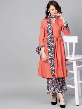 Women Peach & Blue Solid Kurta Set