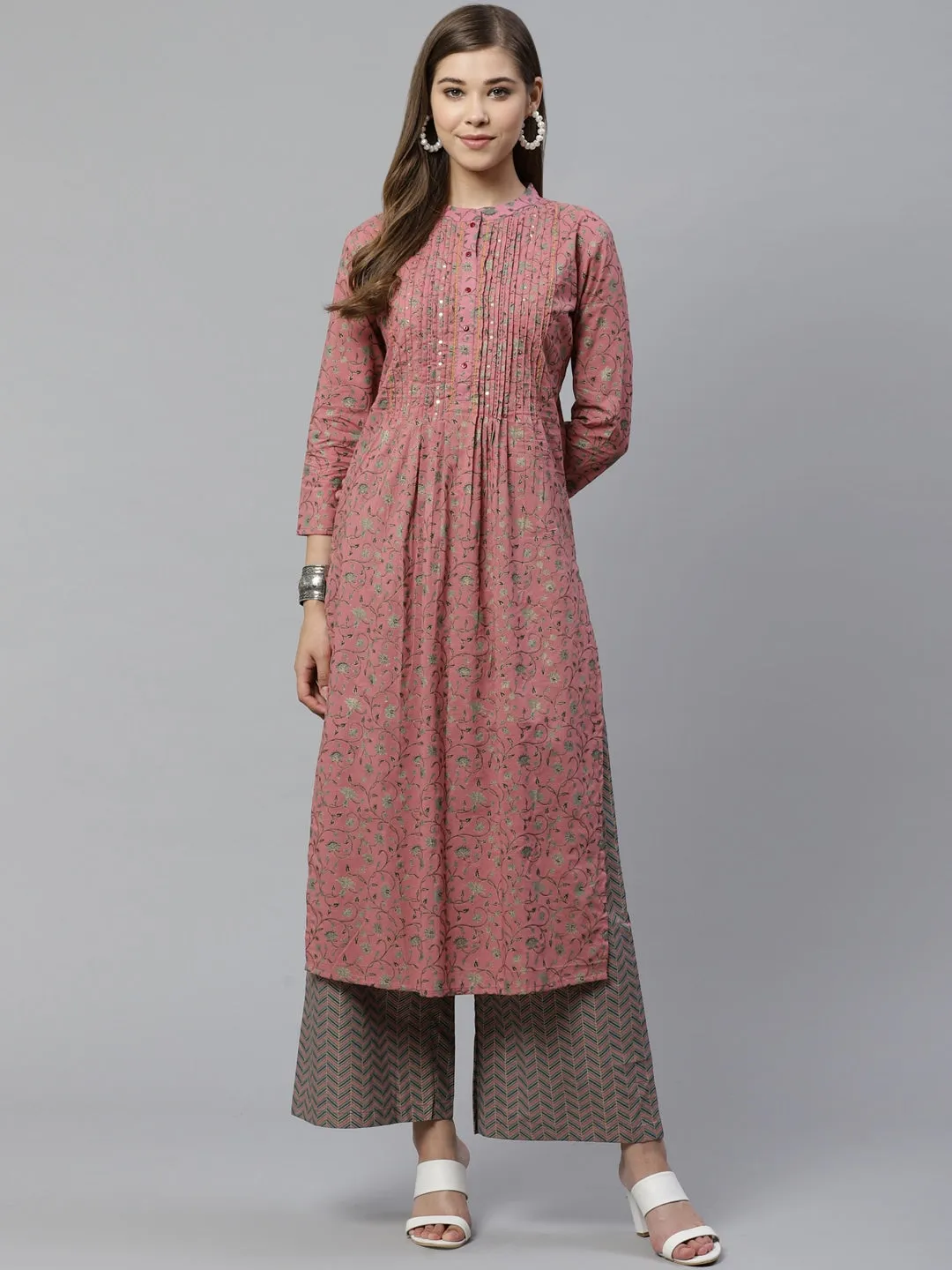 Women Pink & Teal Green Printed Kurta Set