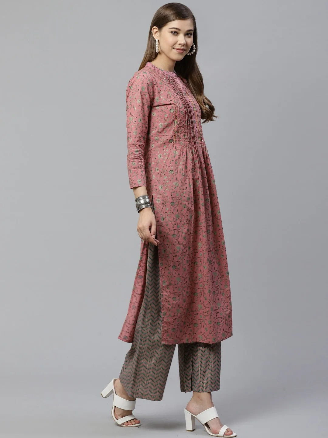 Women Pink & Teal Green Printed Kurta Set