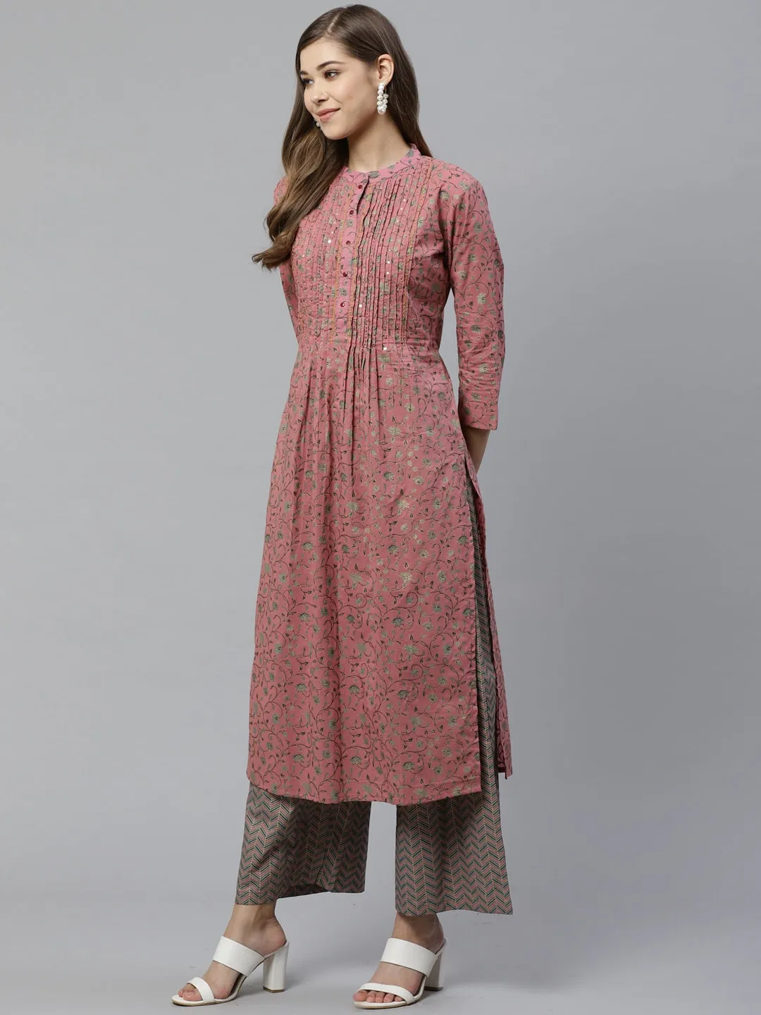 Women Pink & Teal Green Printed Kurta Set