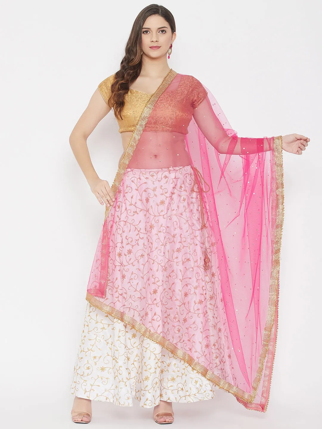 Women Pink Embellished Net Dupatta