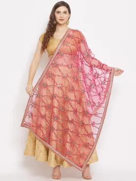 Women Pink Embroidered Net Dupatta With Sequined