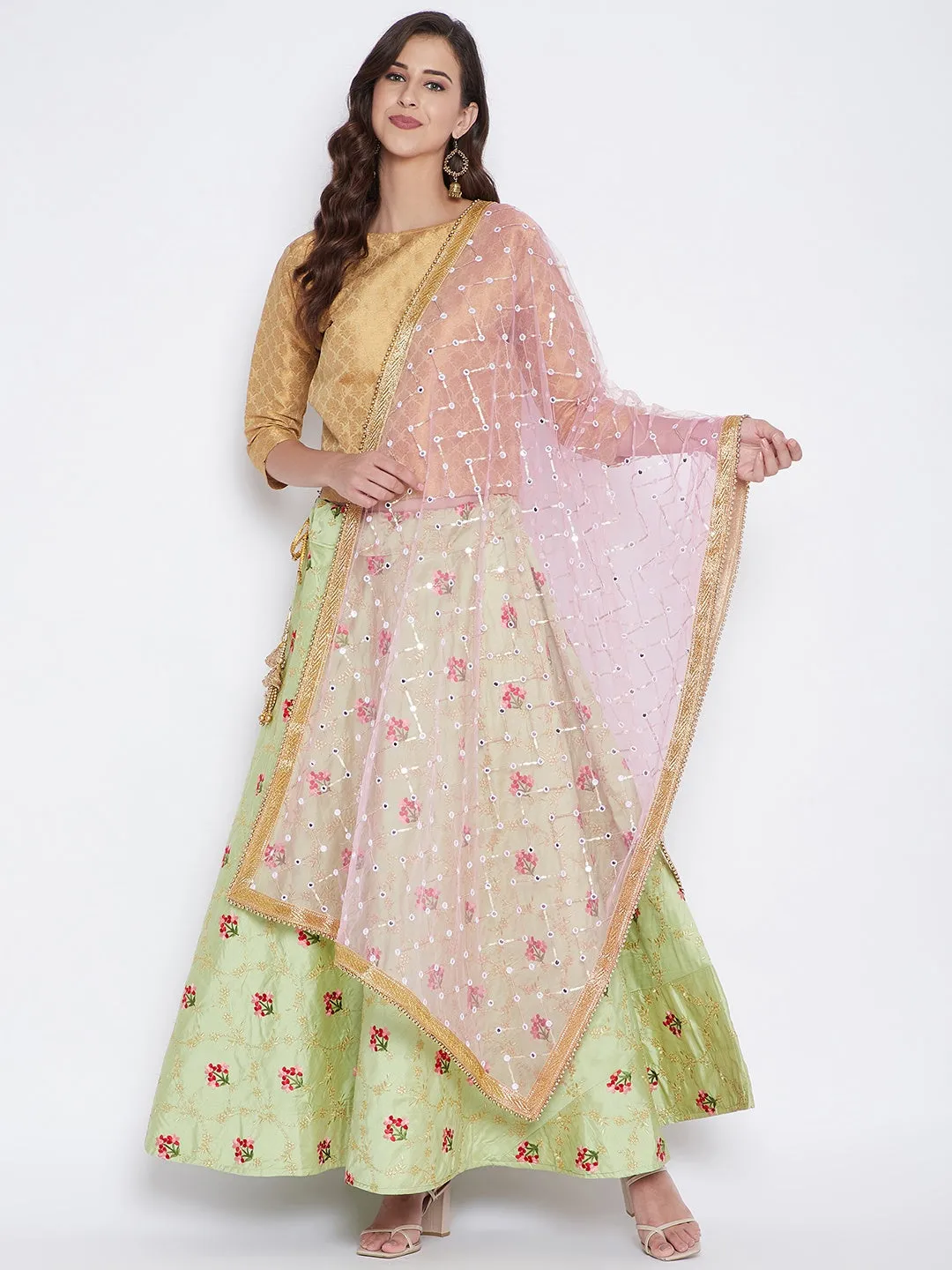 Women Pink Mirror Work Net Dupatta