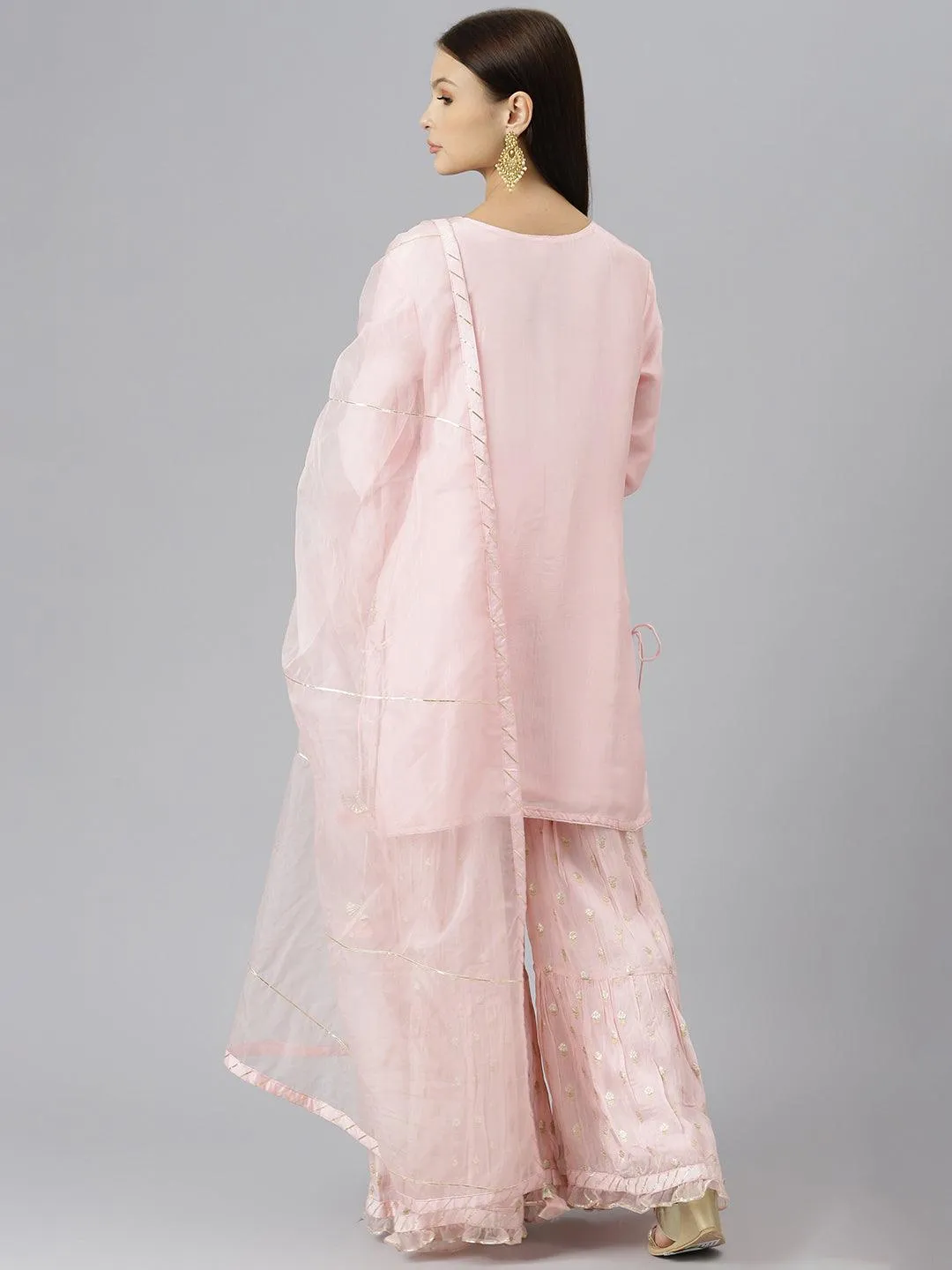 Women Pink Yoke Design Zardozi Chanderi Silk Kurta With Sharara & With Dupatta