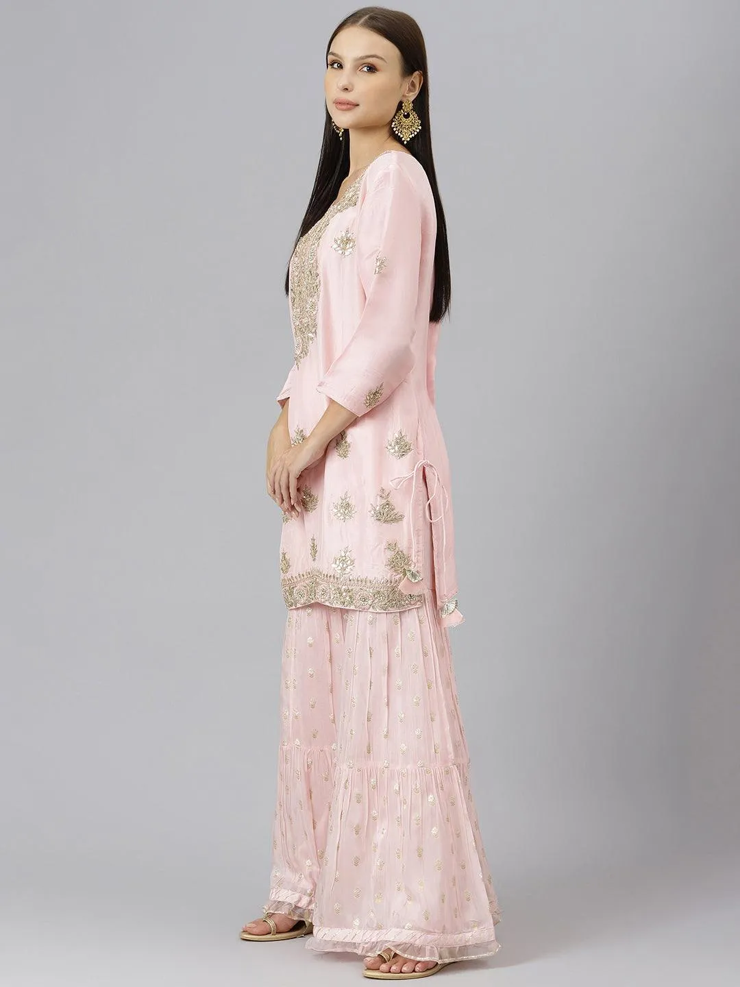 Women Pink Yoke Design Zardozi Chanderi Silk Kurta With Sharara & With Dupatta