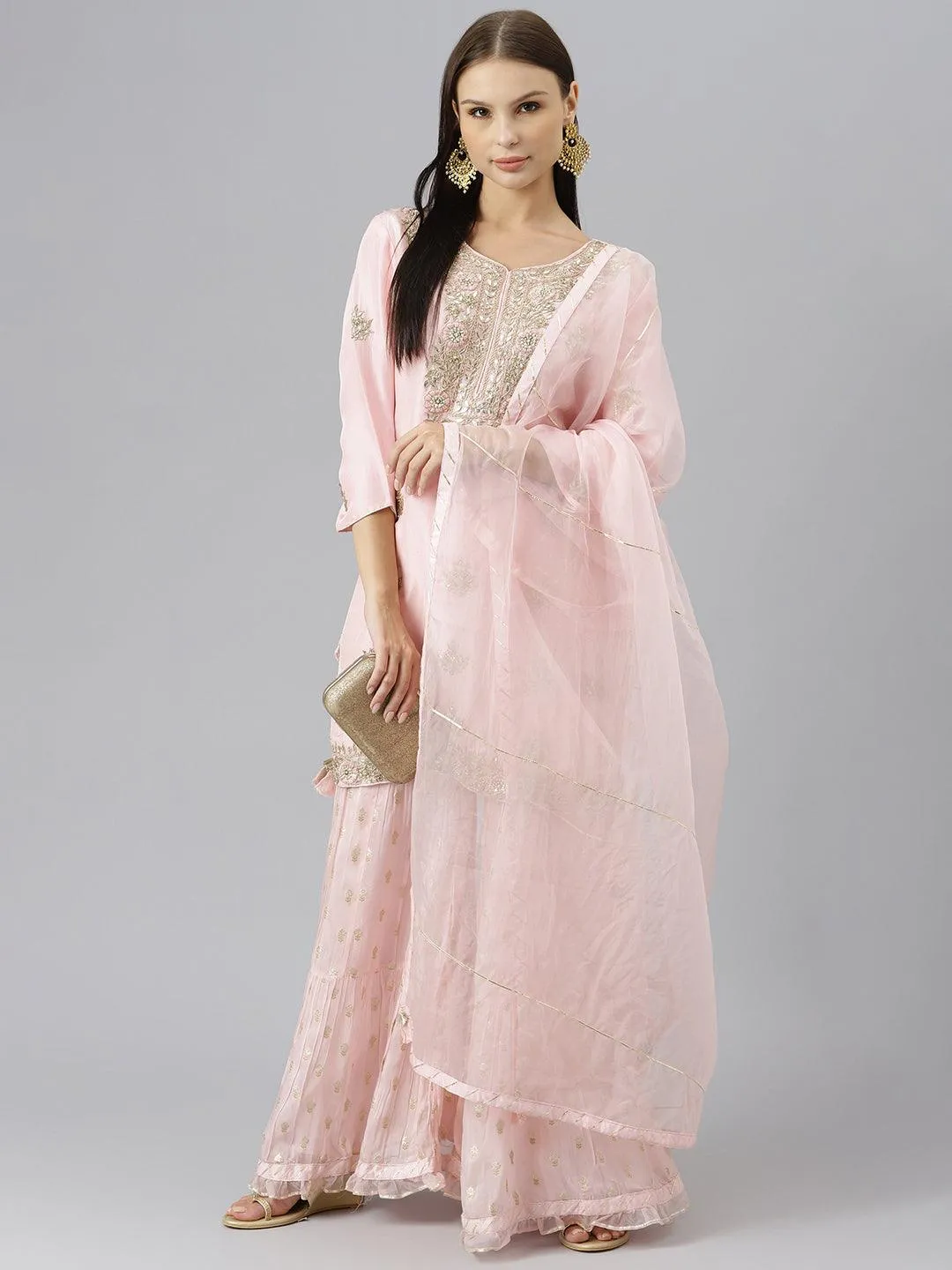 Women Pink Yoke Design Zardozi Chanderi Silk Kurta With Sharara & With Dupatta