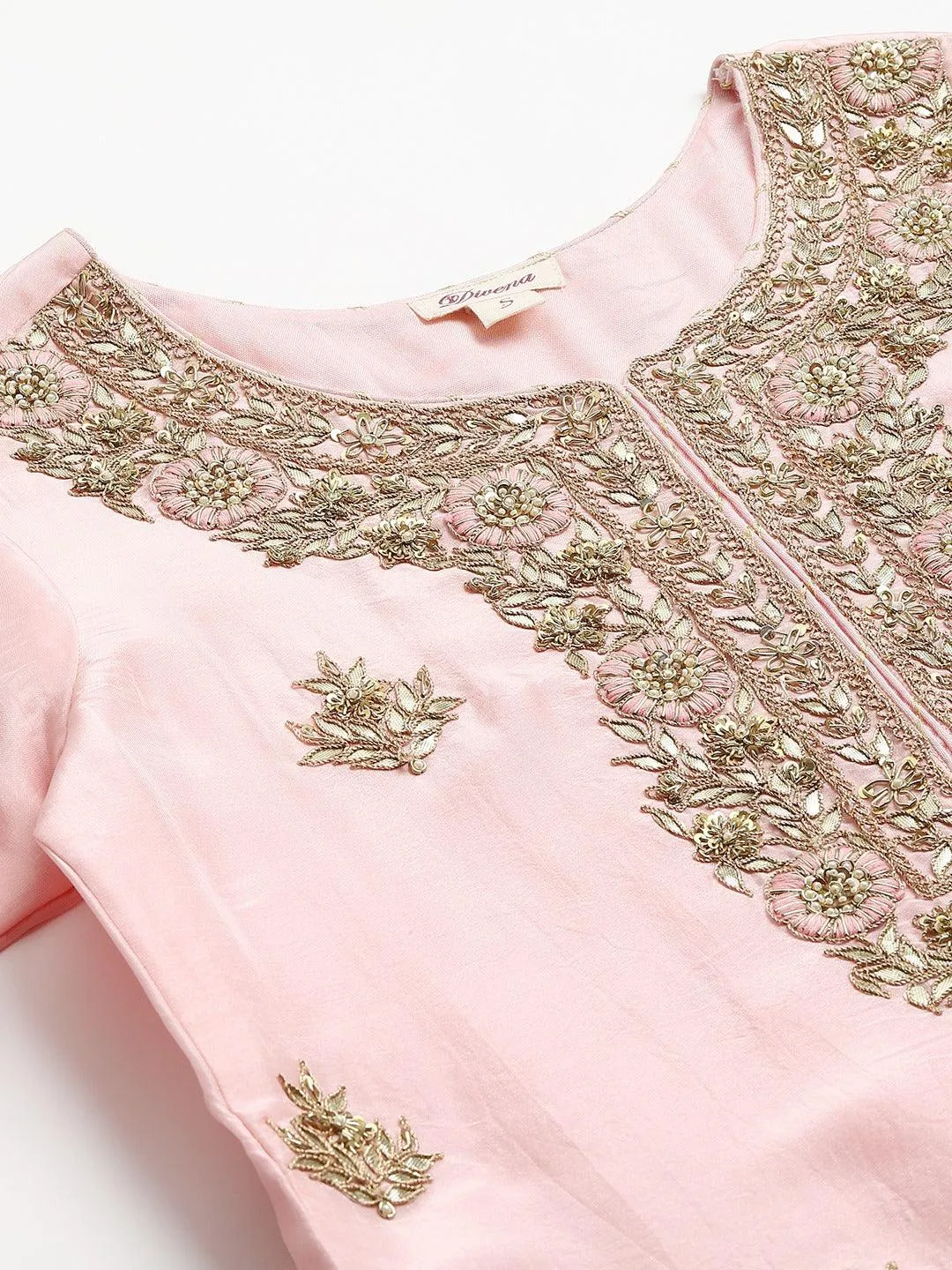 Women Pink Yoke Design Zardozi Chanderi Silk Kurta With Sharara & With Dupatta