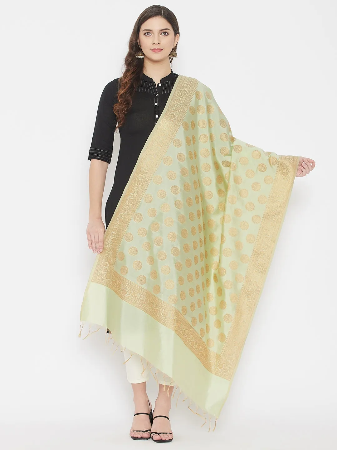 Women Pista Green Banarsi Silk Dupatta