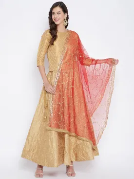 Women Red Golden Embellished Net Dupatta