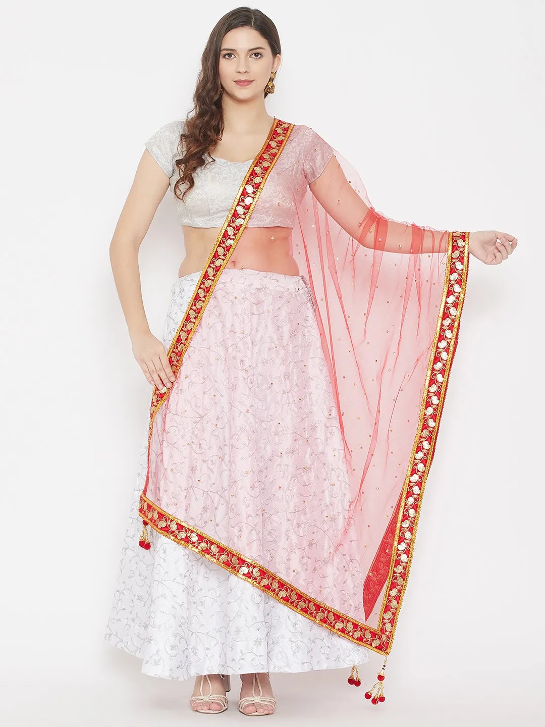 Women Red Gotta Patti Net Dupatta